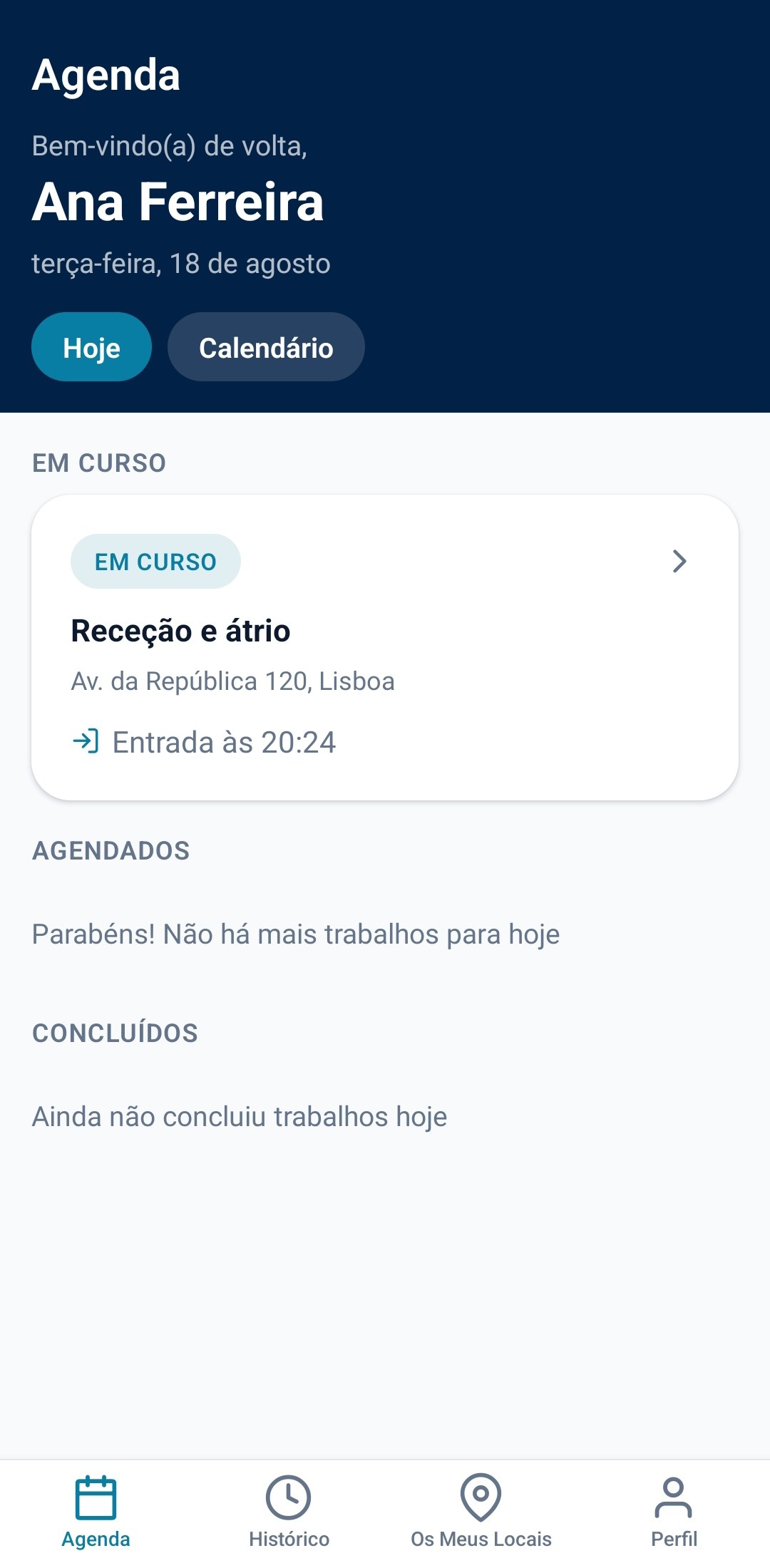 Aplicação da Signor no telemóvel: a agenda do dia, com o serviço em curso e a hora a que o trabalhador entrou.